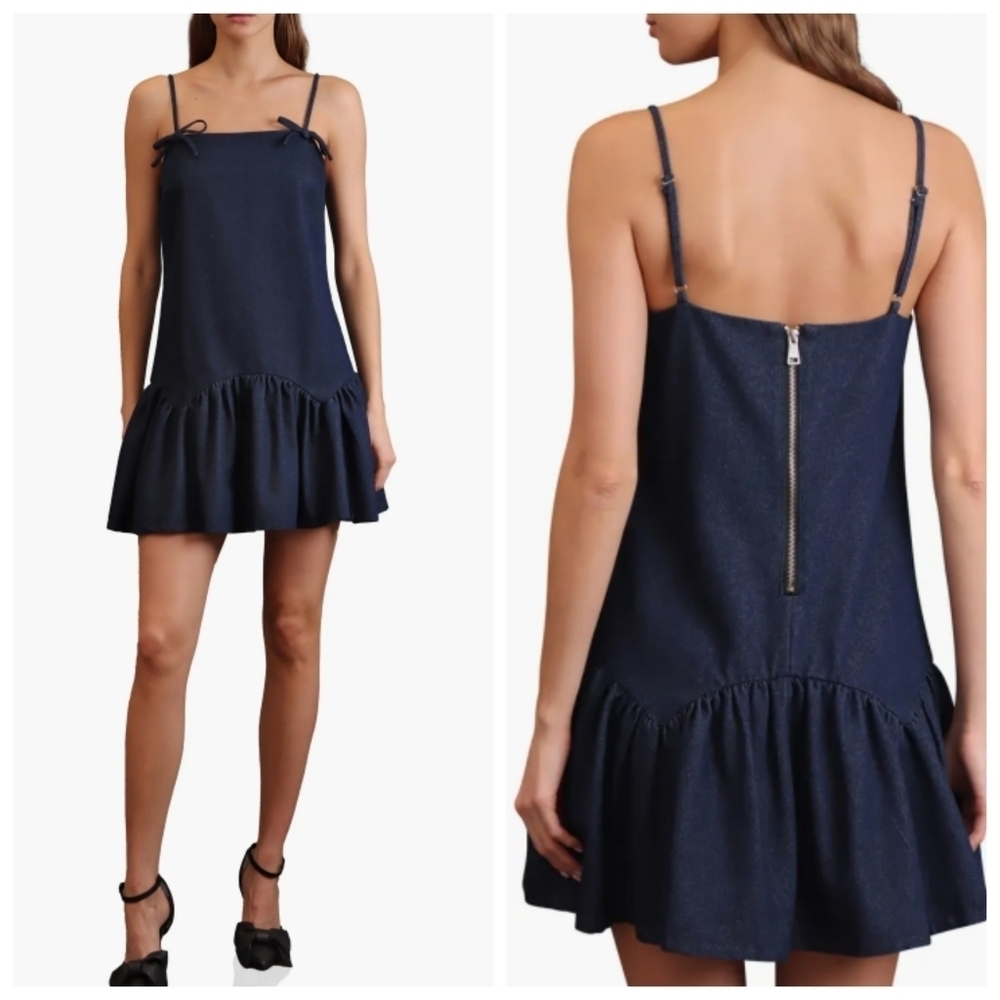 New Avec Les Filles Bow Detail Drop Waist Rinse Wash Denim Mini Dress Small NWT